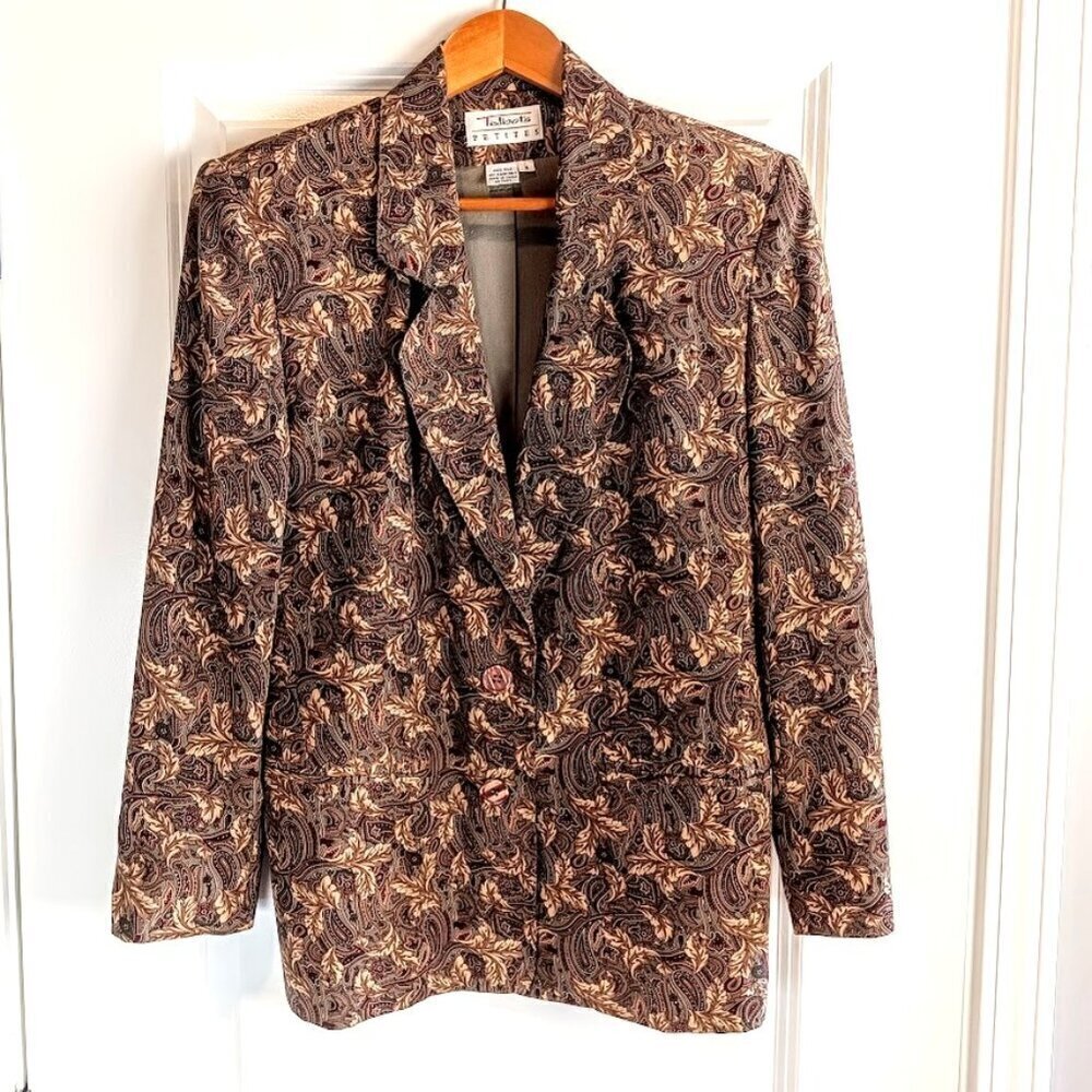 Talbots Petites Sage Green Red Tan Paisley Silk Blazer Jacket